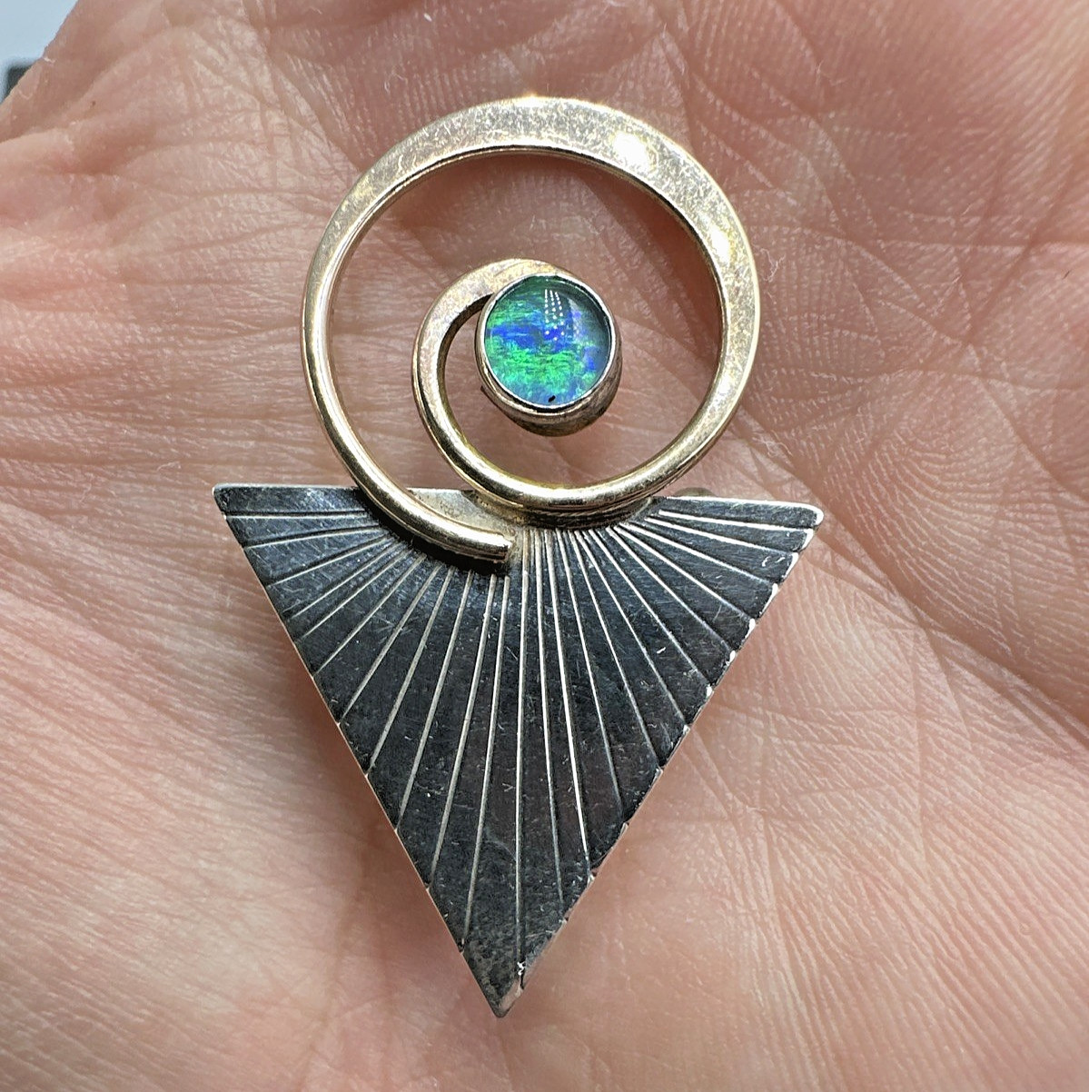 Vtg Abstract Modernist Courtney Peterson Silver Brass and Opal Brooch Pendant