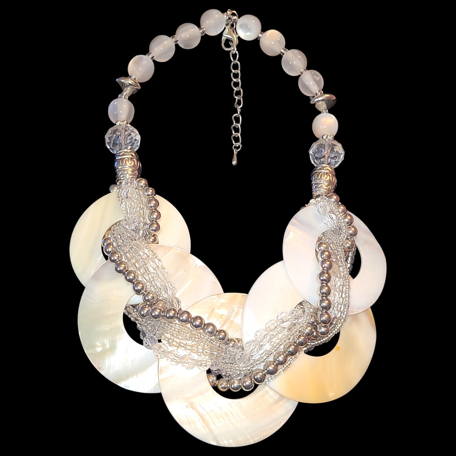 Shell Disc Statement Necklace Mother of Pearl Acrylic Beads Silver Tone 16-18in