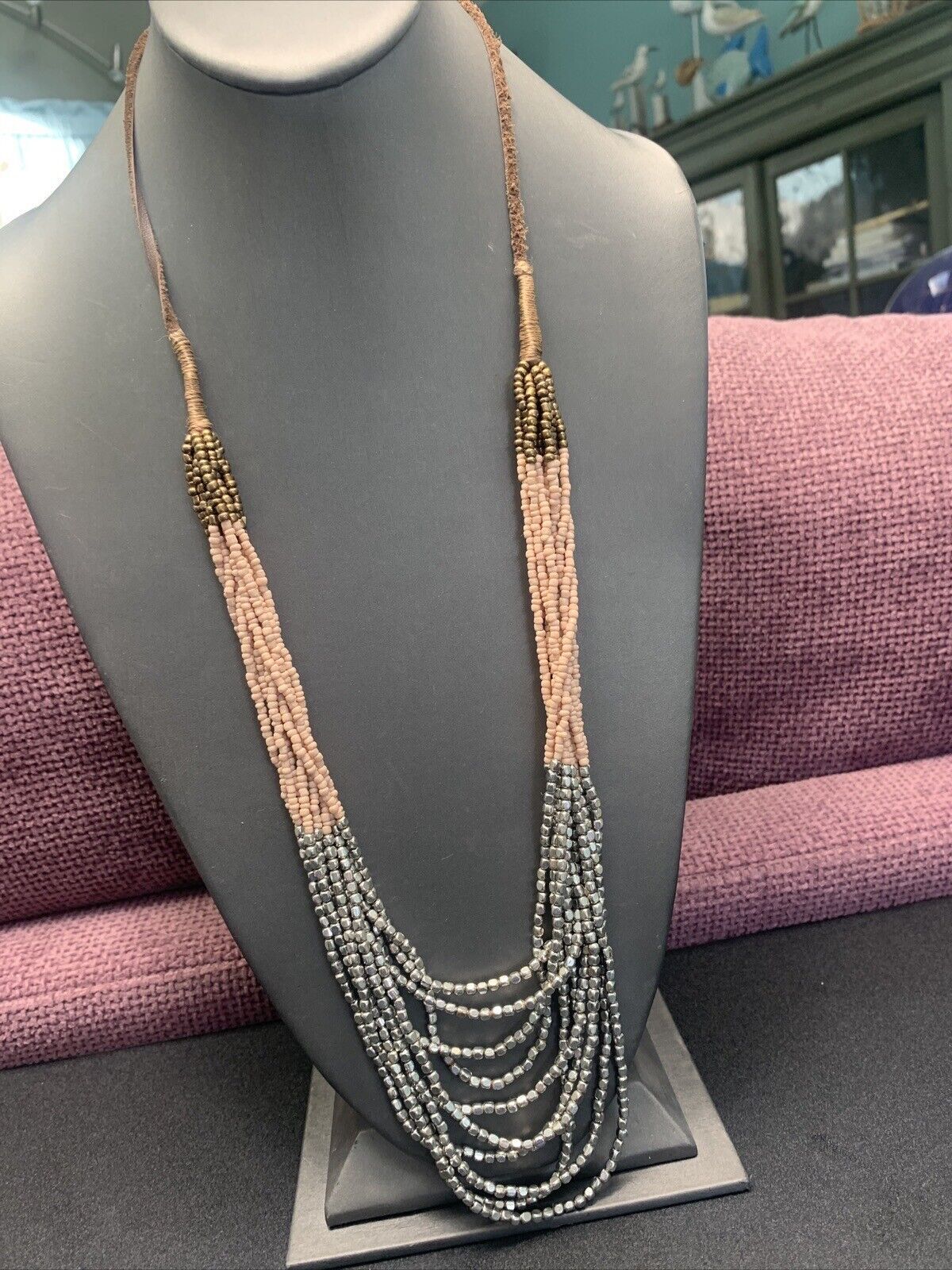 Statement Boho Pendant Waterfall Necklace Beaded Silver Peach Brown 32”