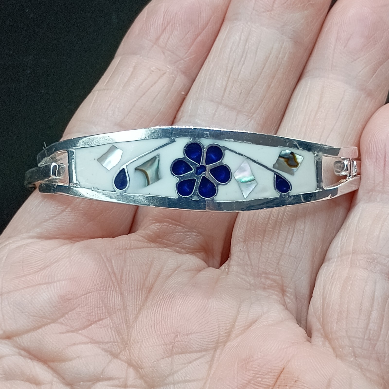 Alpaca Mexico Silver Cuff Bracelet Blue Lapis Abalone Inlay Flower 6.5″ Unworn
