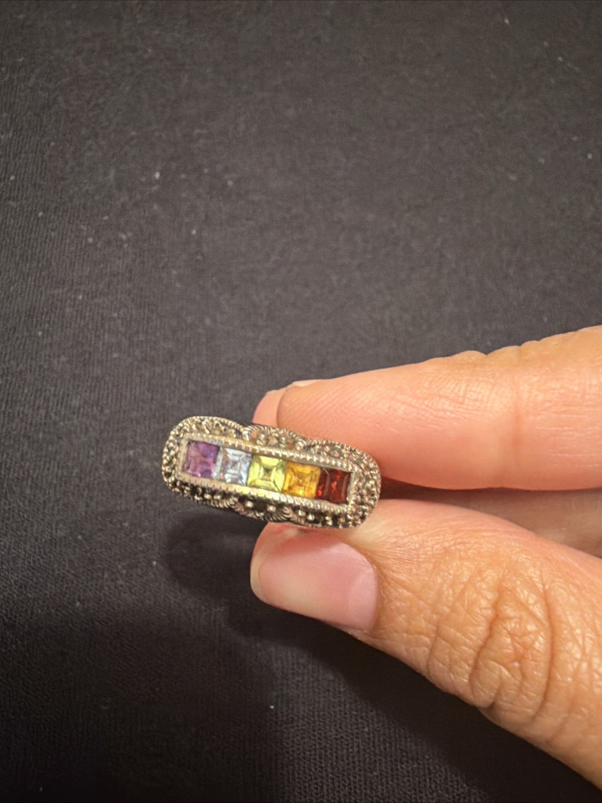 925Sterling Silver Multigemstone Marcasite Vintage Tennis Bracelet And Ring Set