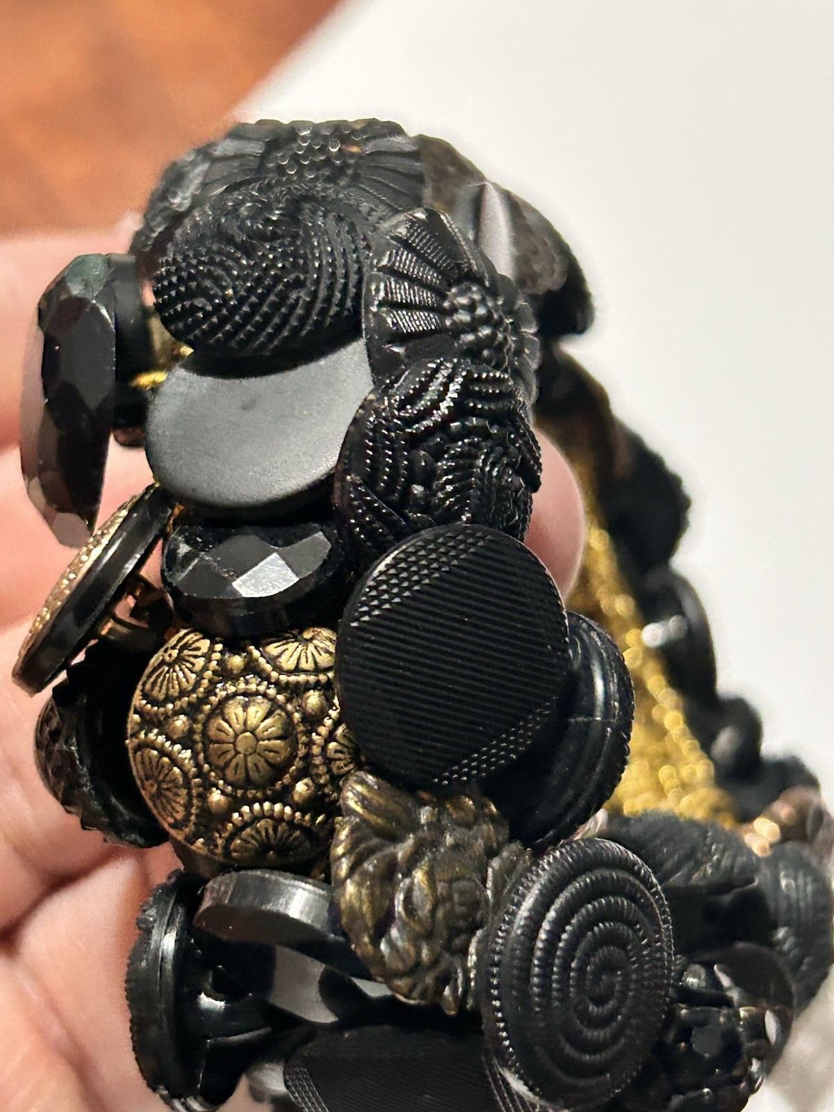 VTG 70s Mid-Century Buttons Treasure Bracelet Crochet Black/Gold Victorian Style