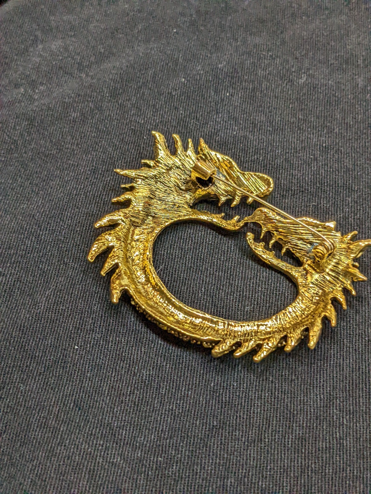 Vtg Dragon Brooch Gold Tone Green Red Rhinestone Chinese Fantasy Statement Pin