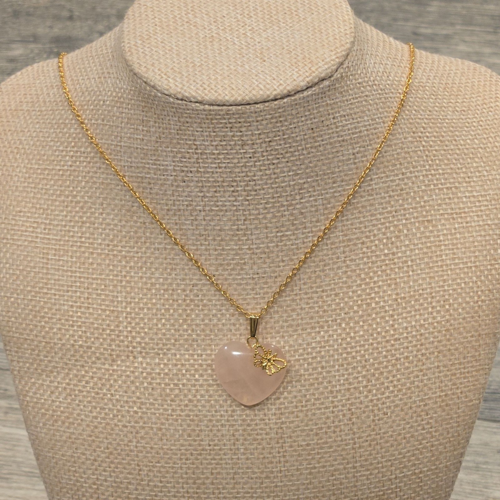 Vintage Avon Rose Quartz Heart Butterfly Pendant Necklace Gold Tone pink Gem