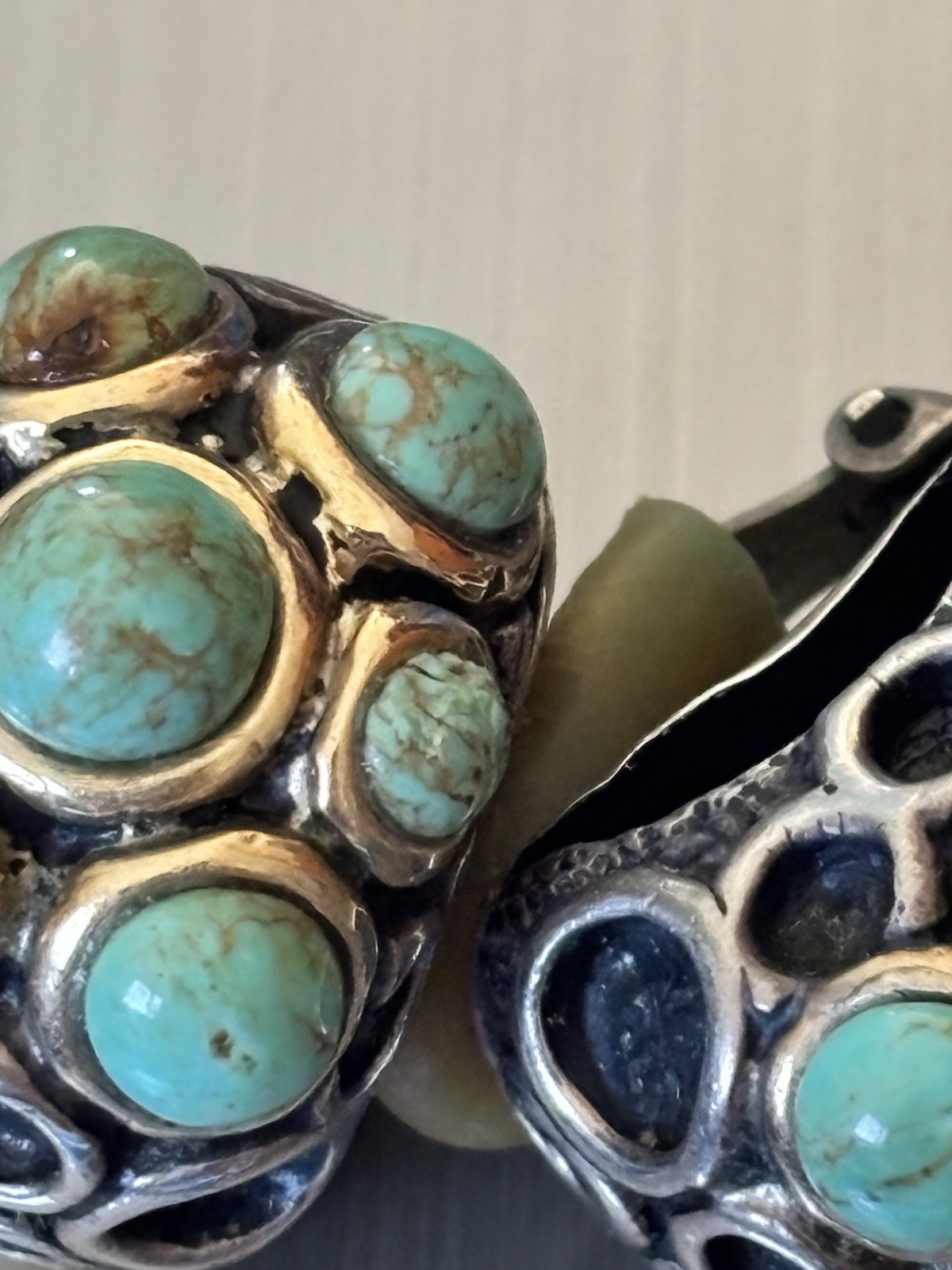 RARE DIAN MALOUF STERLING SILVER 14K Gold Turquoise Clipon Earrings 40 Grams
