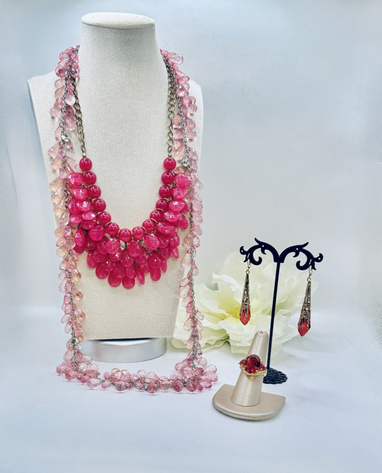 Beautiful Pink Lot 42″ & 20″ Crystal Necklaces Stunning Earrings + Gorgeous Ring