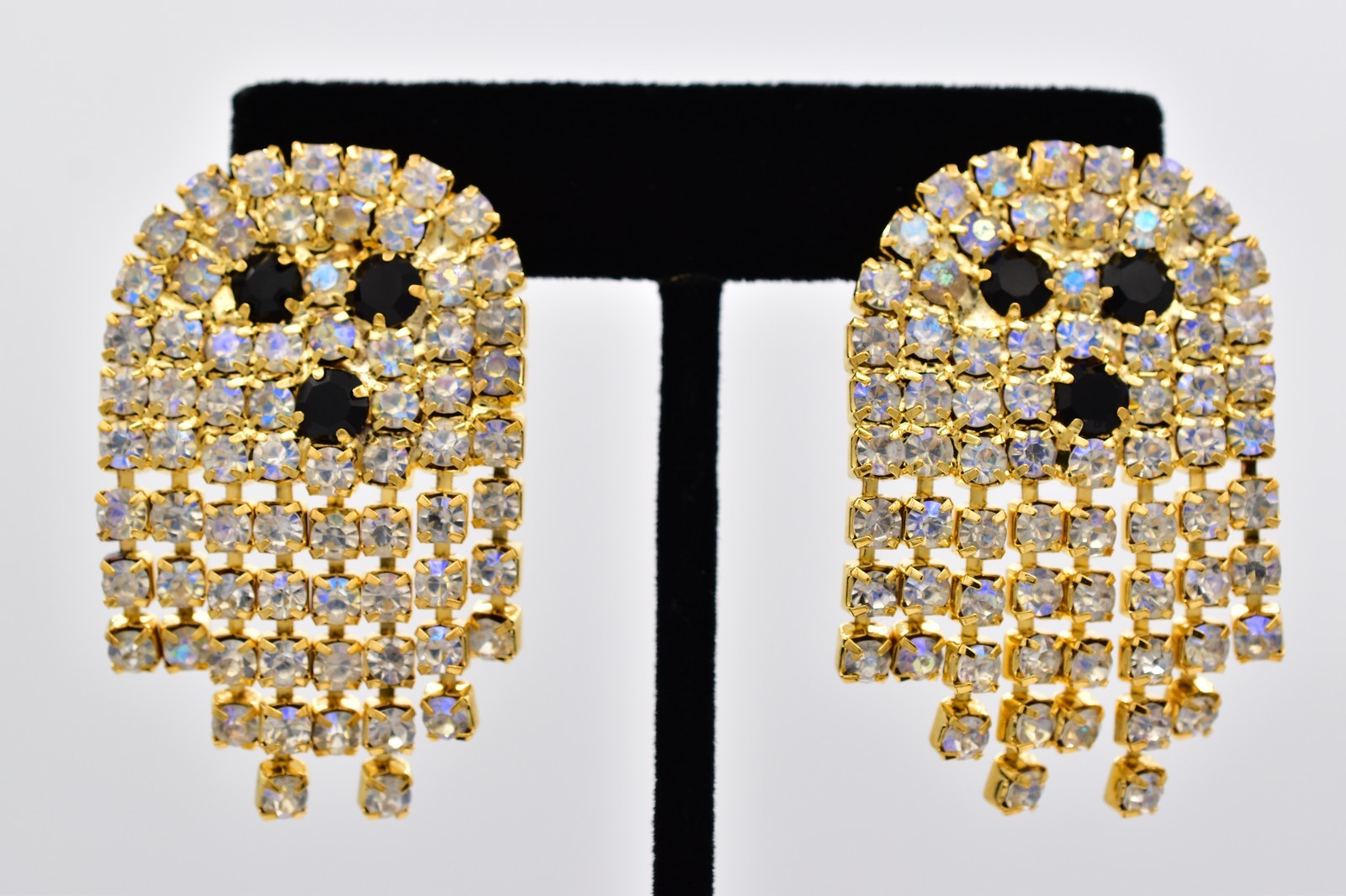 Vintage Rhinestone Crystal Ghost Earrings AB Dangle Chandelier Halloween BinAO