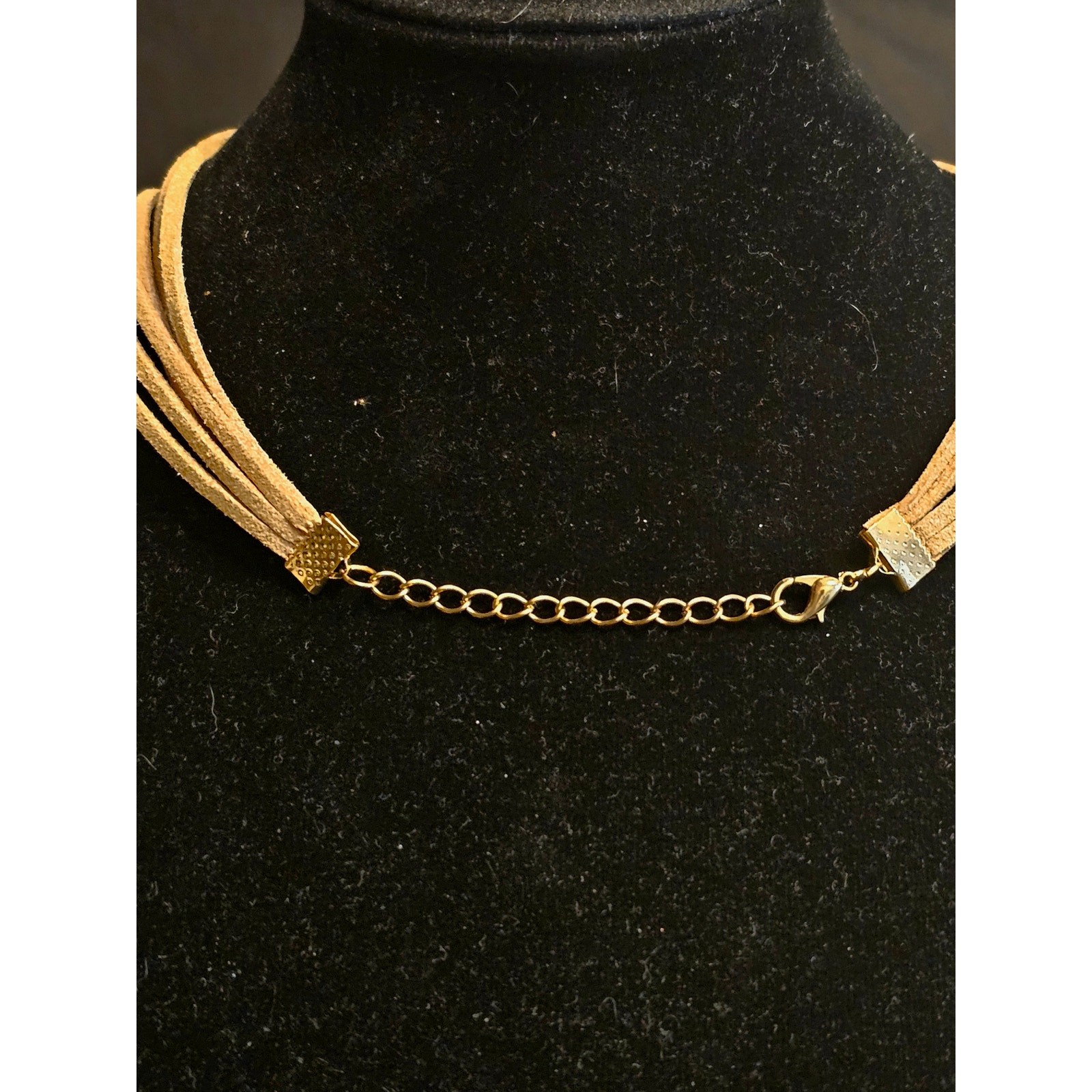 Suede Brown Taupe Leather Strand Necklace with Gold Tone Chain Accents Satement
