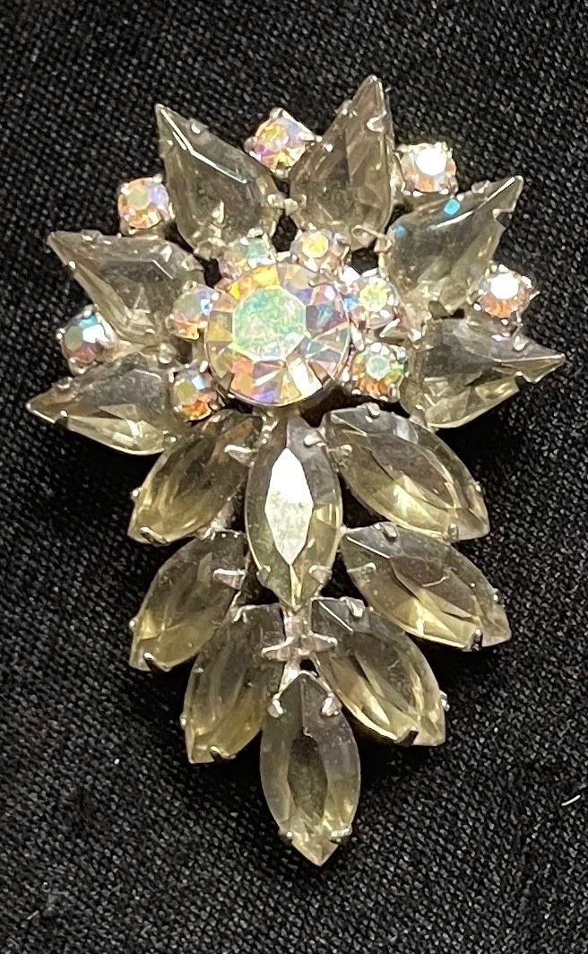 Vintage Czech Brooch, Large Brooch with Rhinestone, Aurora Borealis Brooch