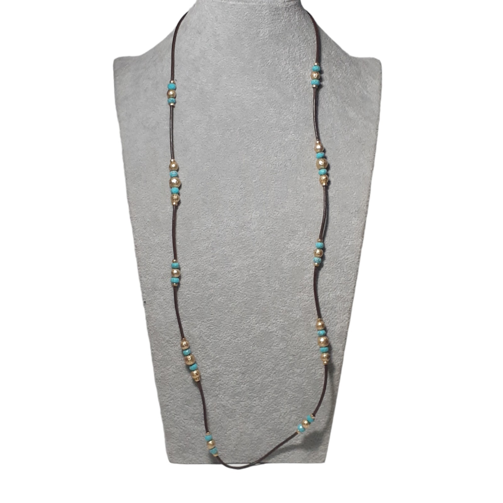 Artisan Leather Cord Necklace Hammered Metal Beads Blue Mixed Materials 32″