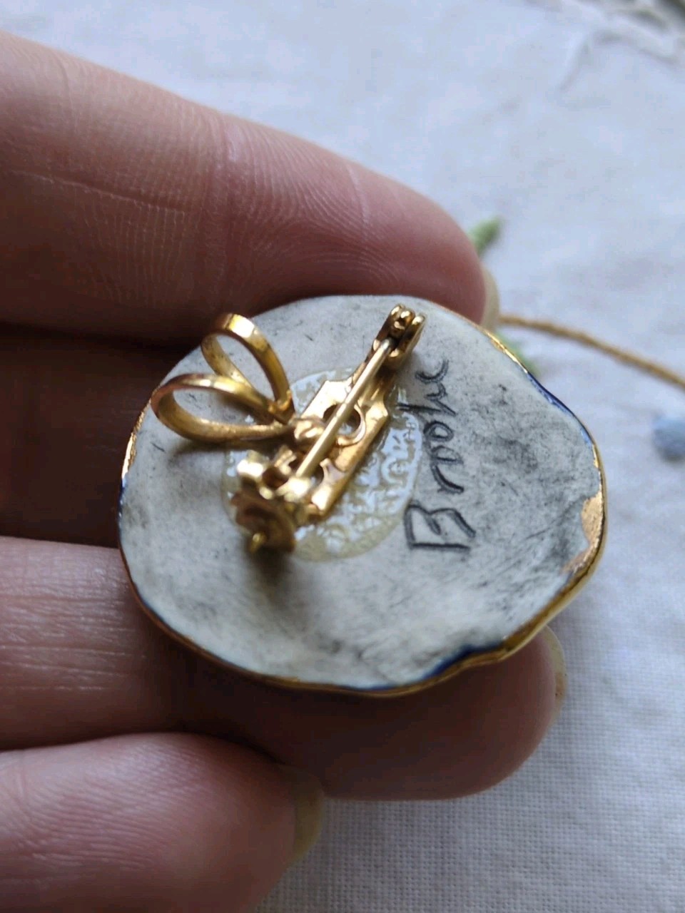 Brooke Andrews Handmade Cherub Angel Ceramic Pendant/ Brooch, Gold Trim