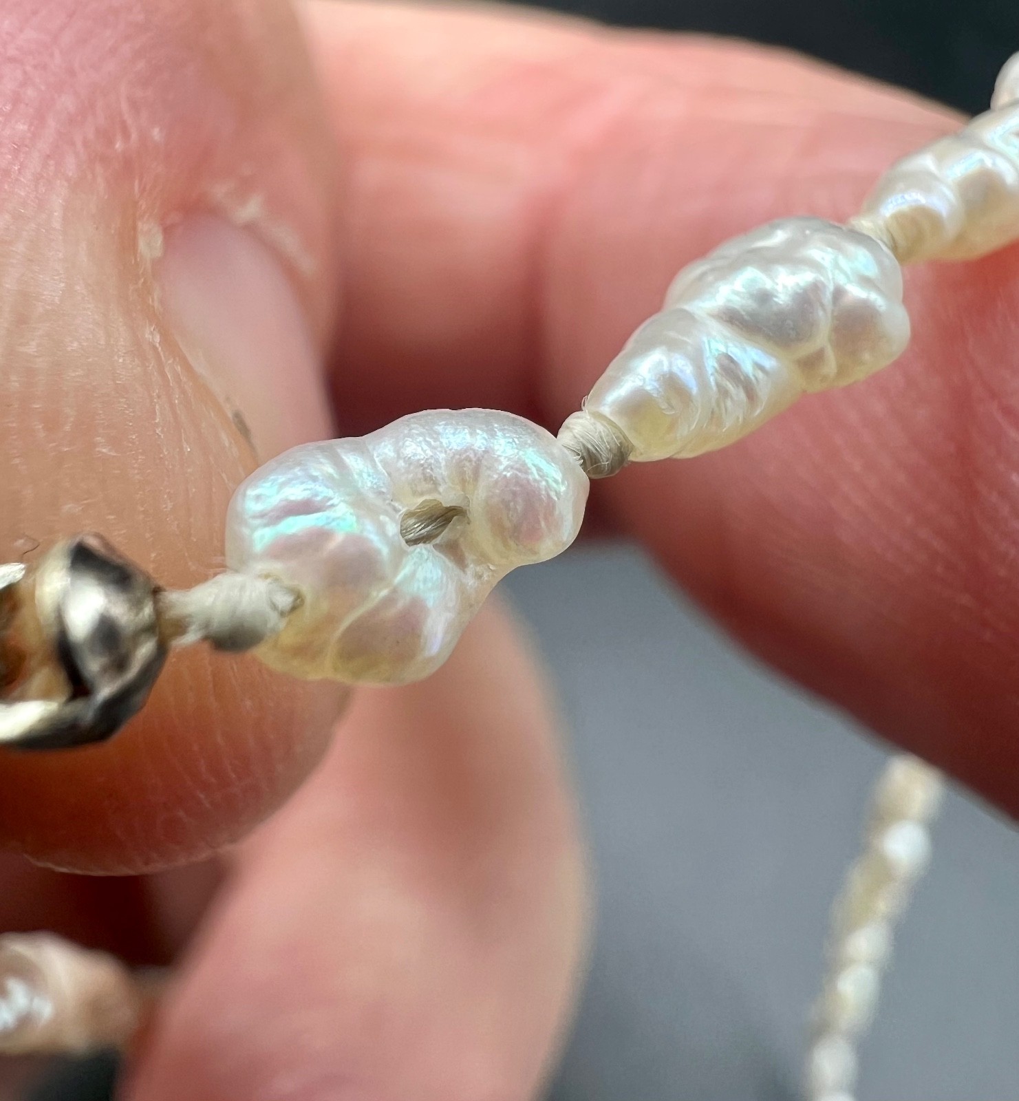 VTG Hand Knotted Freshwater Rice Pearl Necklace Sterling Silver Filigree Clasp