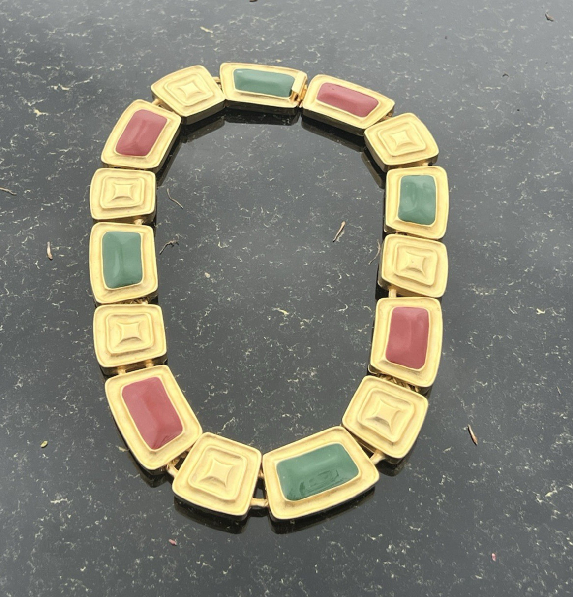 Vintage Green & Red Enamel Panel Chunky Gold Plated Necklace 16 1/2″