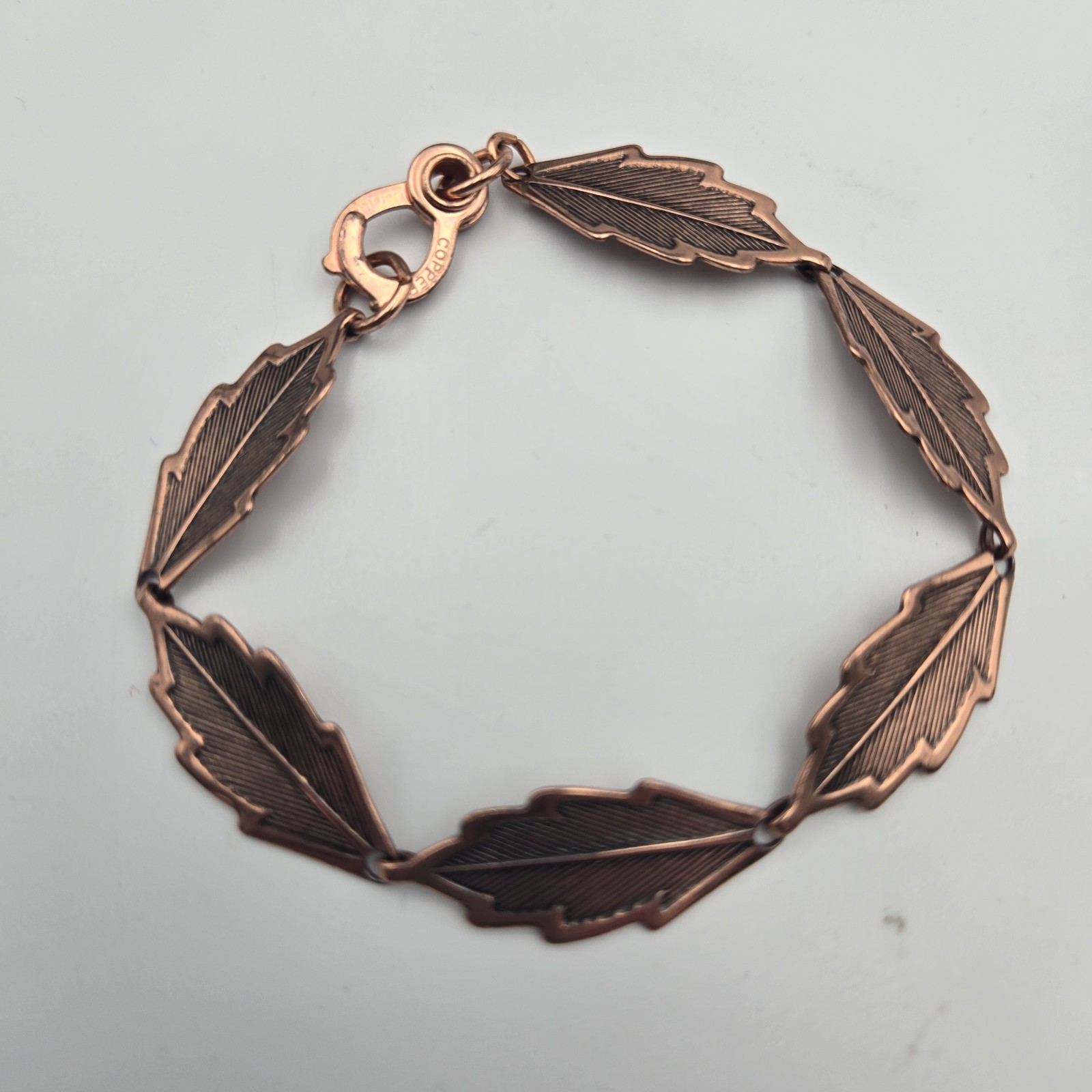 Vintage Copper Bracelet Etched Leaf Link Sister Hook Mid Century Modern MCM 8”