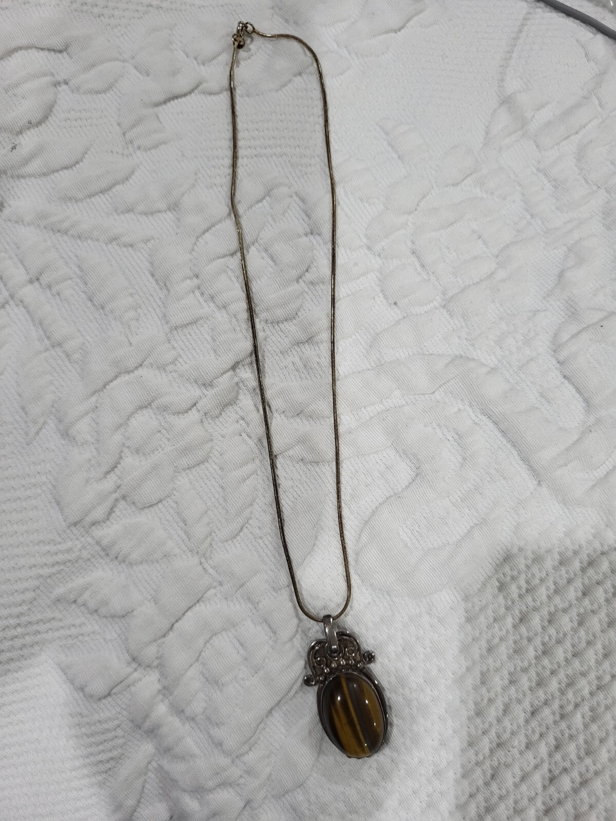 Tiger Eye Sivler Locket with chain. Very old and big Almost 2 inch. See Pict