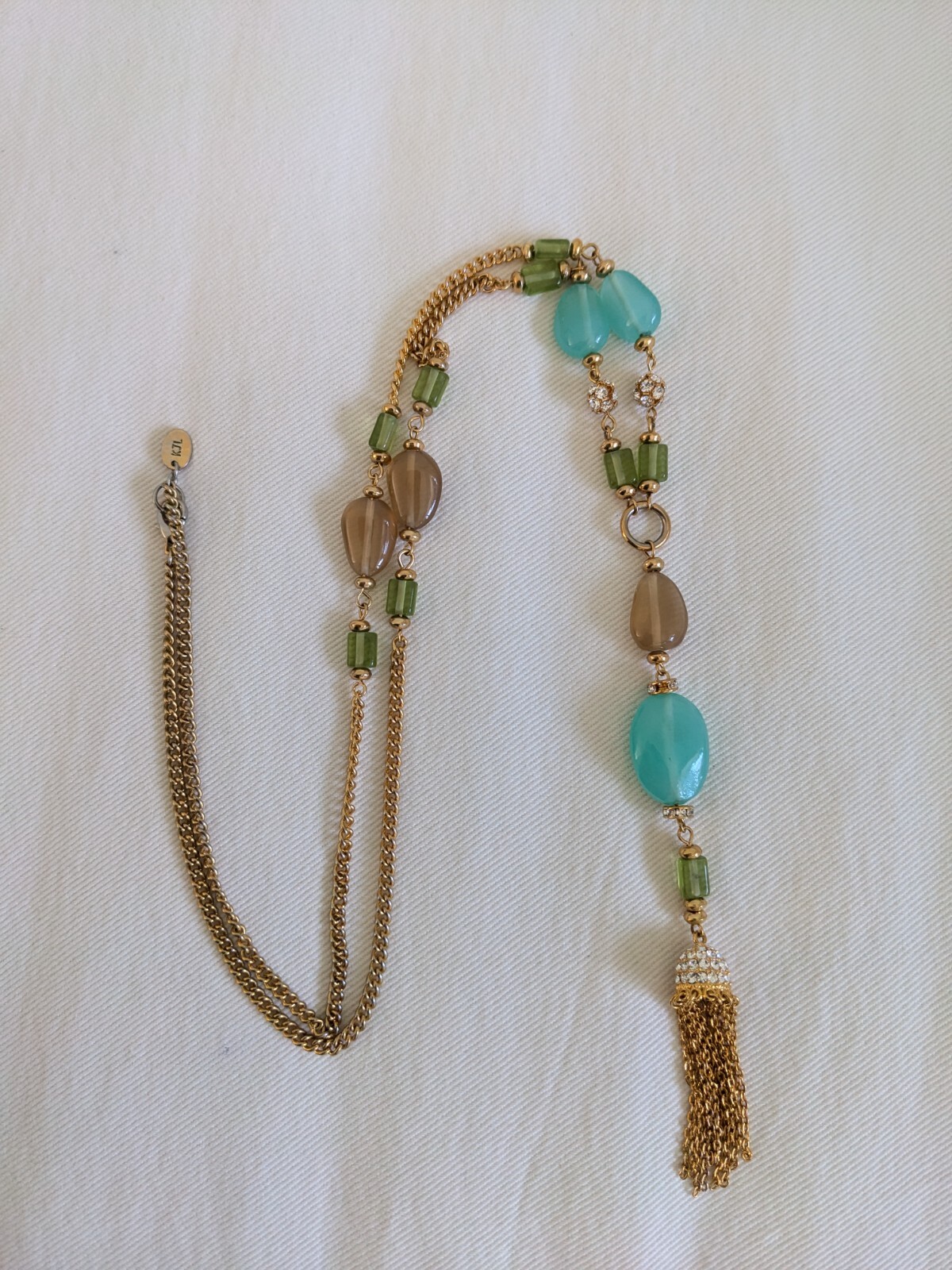 Kenneth Jay Lane Signed KJL Lucite Rhinestone Gold Tone Y-Necklace with Tassel