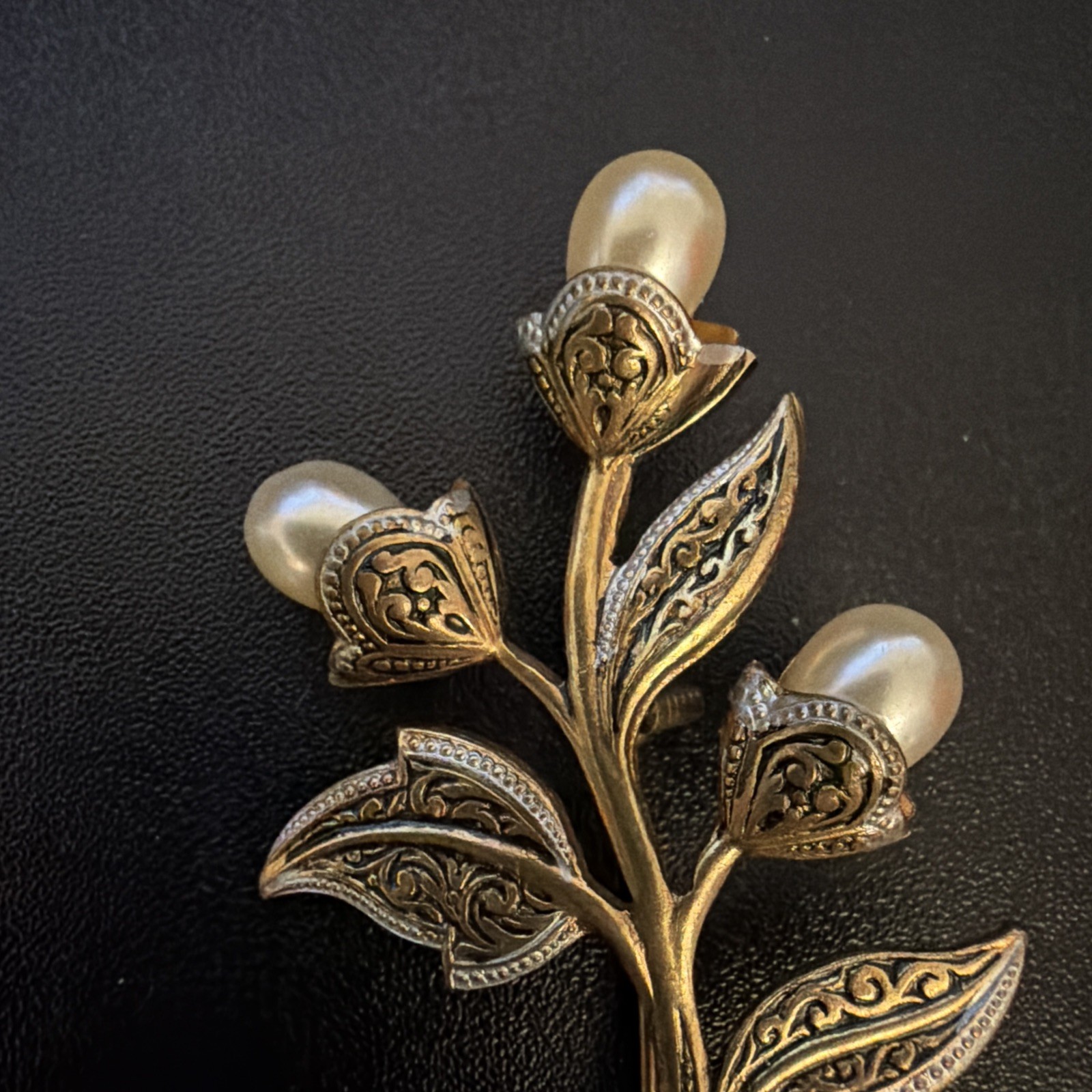 Damascene Brooch Faux Pearl Flower Bouquet Floral Vintage Spanish Estate Pin
