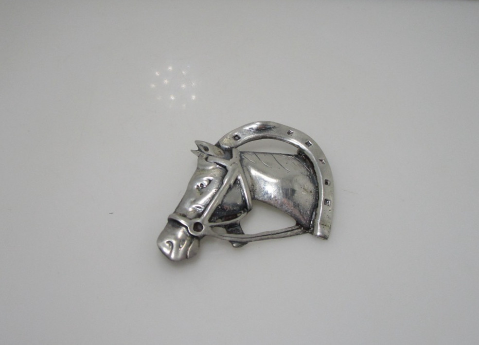 Vintage Equestrian Horse Head Winner Horseshoe Walter Lampl Sterling Pin 2″