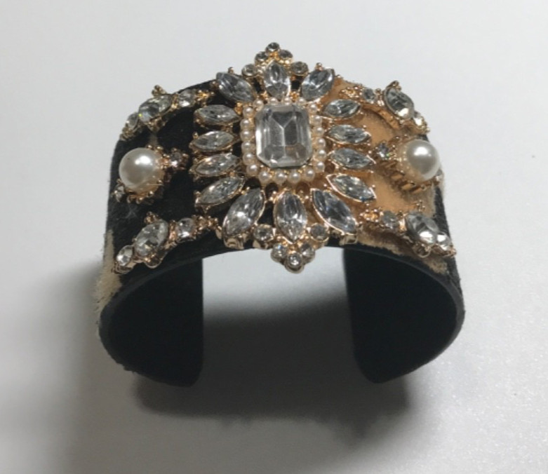 Vintage Cuff Bracelet Faux Fur Rhinestones Faux Pearls Statement Runway