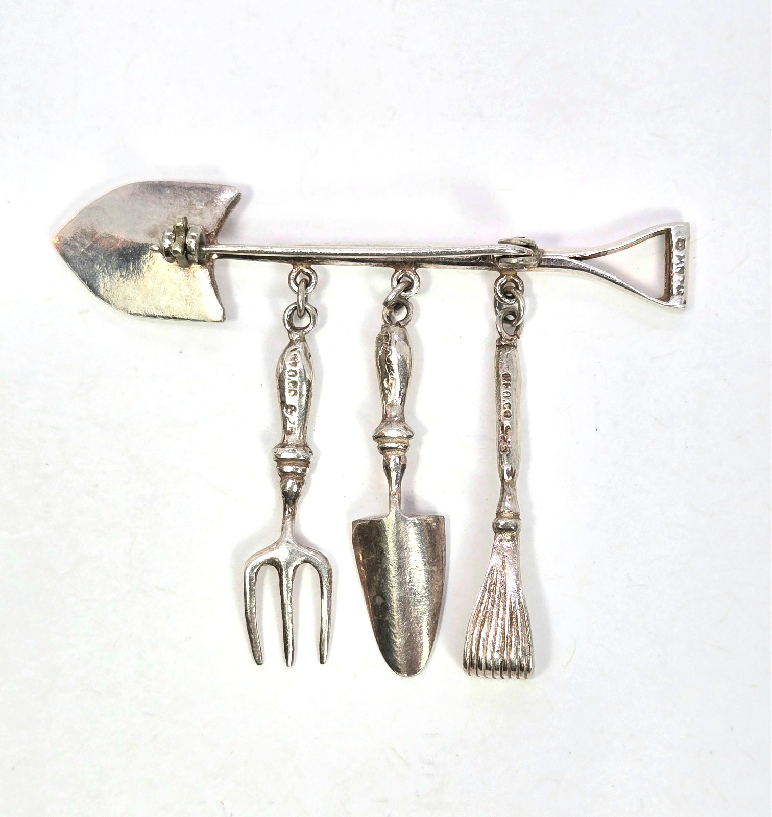Vtg Sterling Gardening Brooch Pin Spade Trowel Fork Dangle Charm 925 Silver MEOW