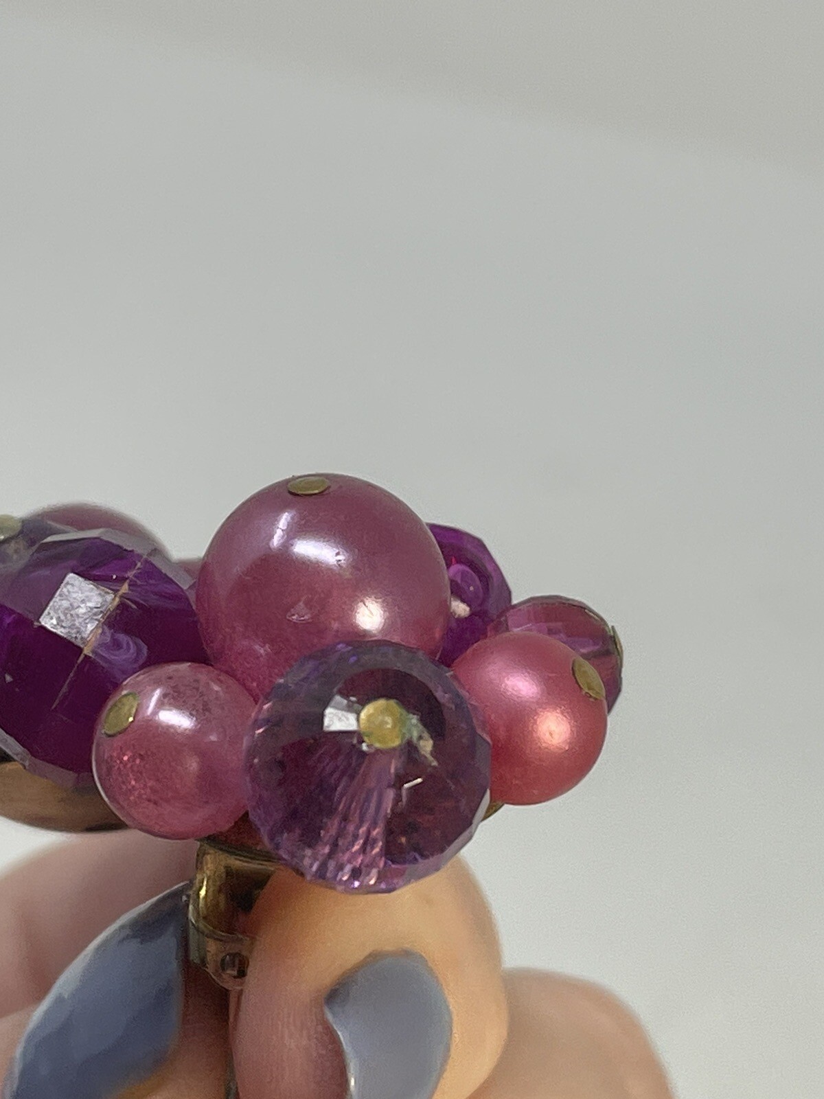 Vintage Zentall Purple Bead Cluster Clip On Earrings Faceted Crystal Faux Pearl