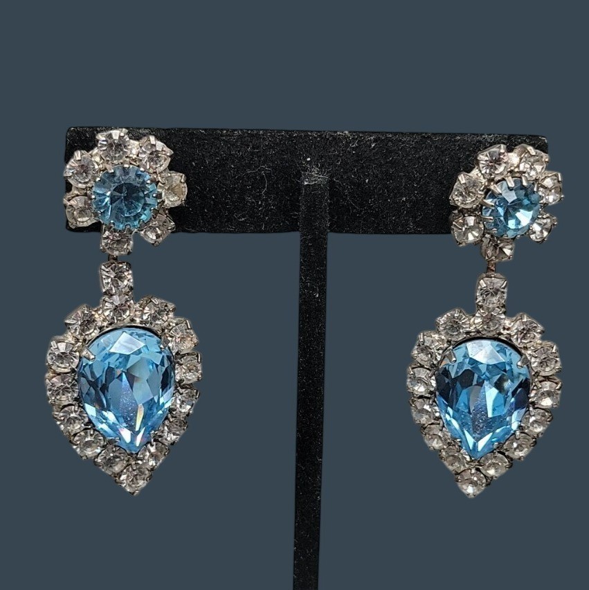 Vintage Art Deco Baby Blue Clear Rhinestone Teardrop Dangle Post Earrings