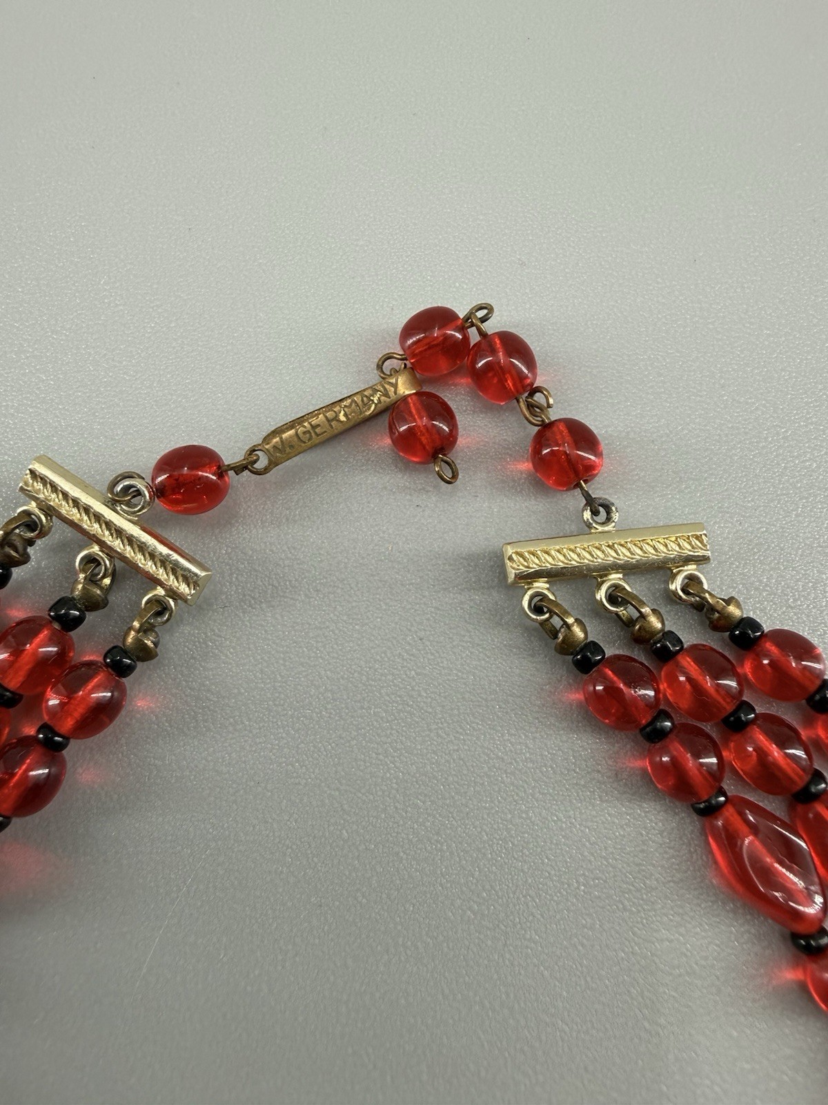 Vintage West Germany Ruby Red Glass Bead 3 Strand Necklace Art Glass Accent
