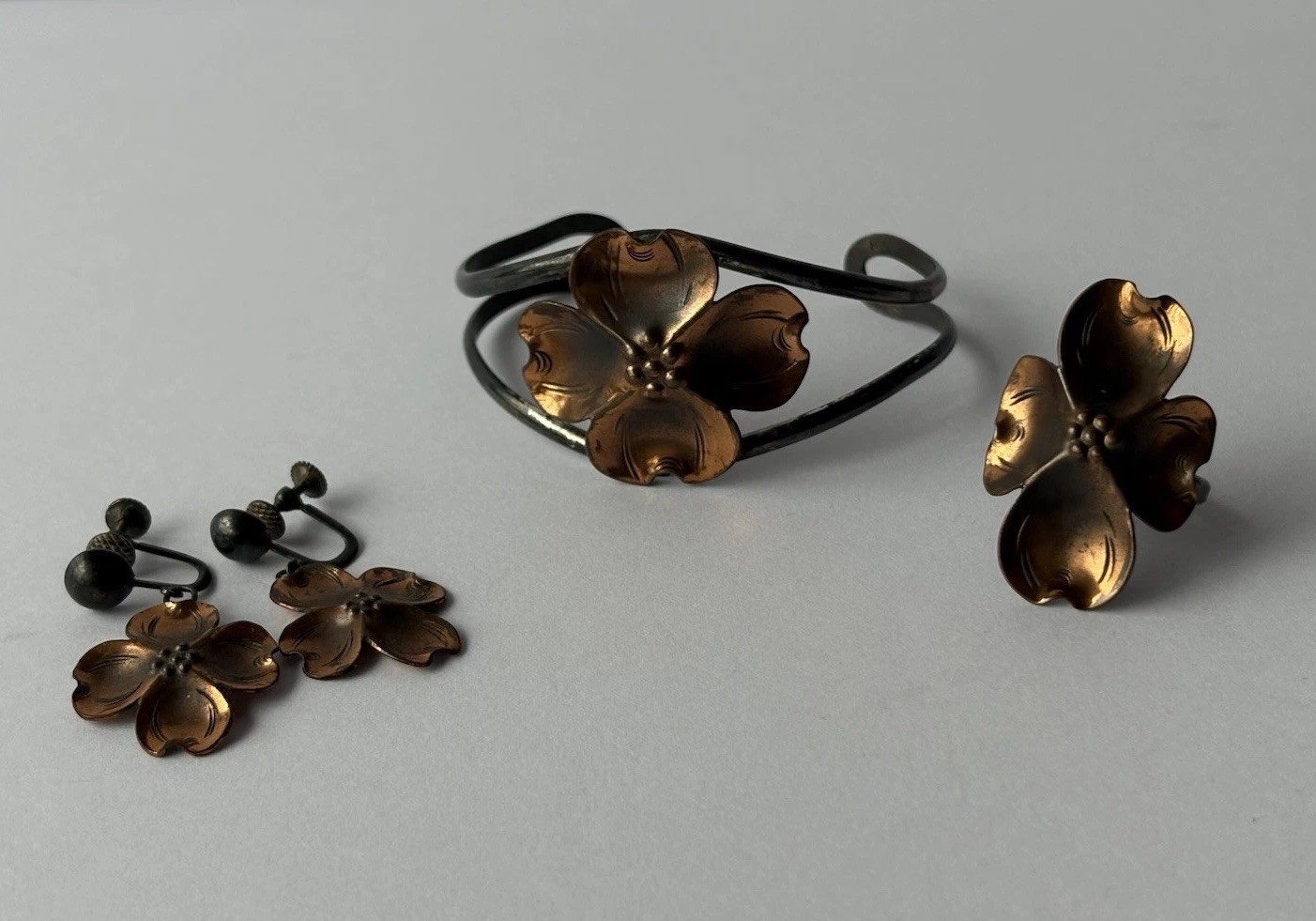 Vintage Stuart Nye Dogwood Bracelet Earrings Ring Set Sterling Silver and Copper