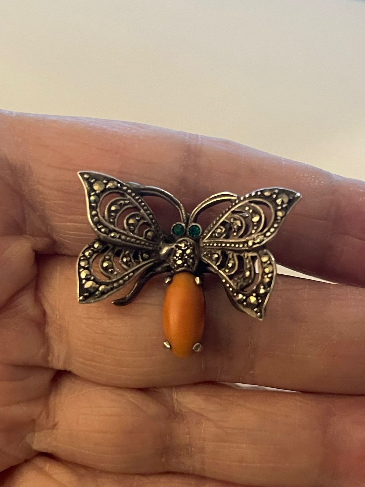 Antique LOVELY S/S Marcasite Coral Butterfly Ring Size 7 (8.1gr) Unusual AS-IS