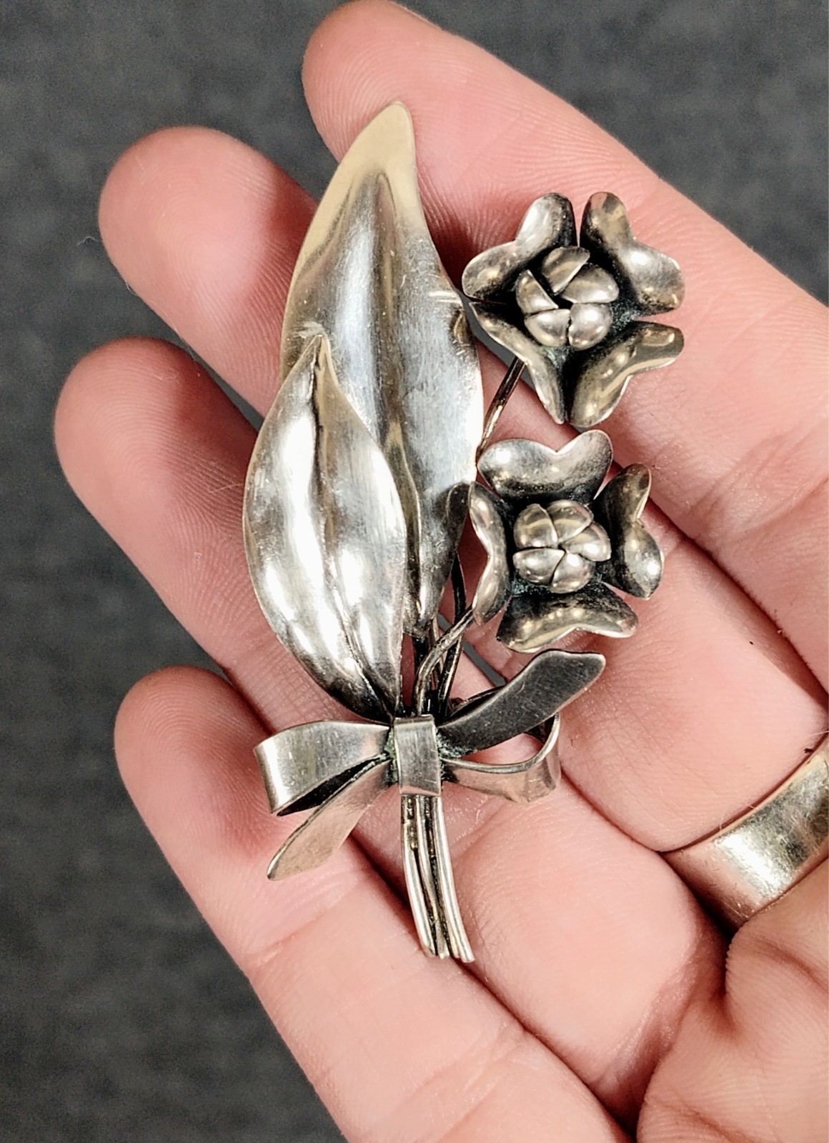 Vintage Mid Century Sterling Silver Handmade Floral Bow Bouquet Brooch Pin