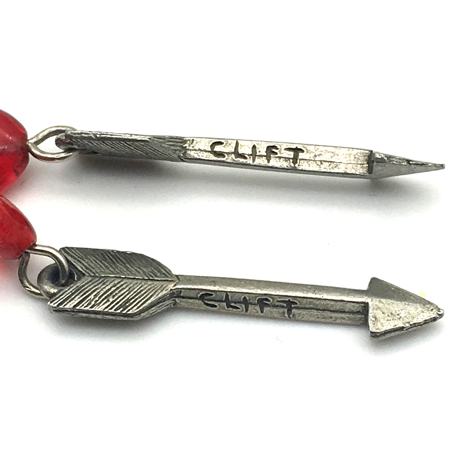 CLIFT Signed Pewter Bow & Arrow Red Lucite Heart Dangling Fish Hook Earrings
