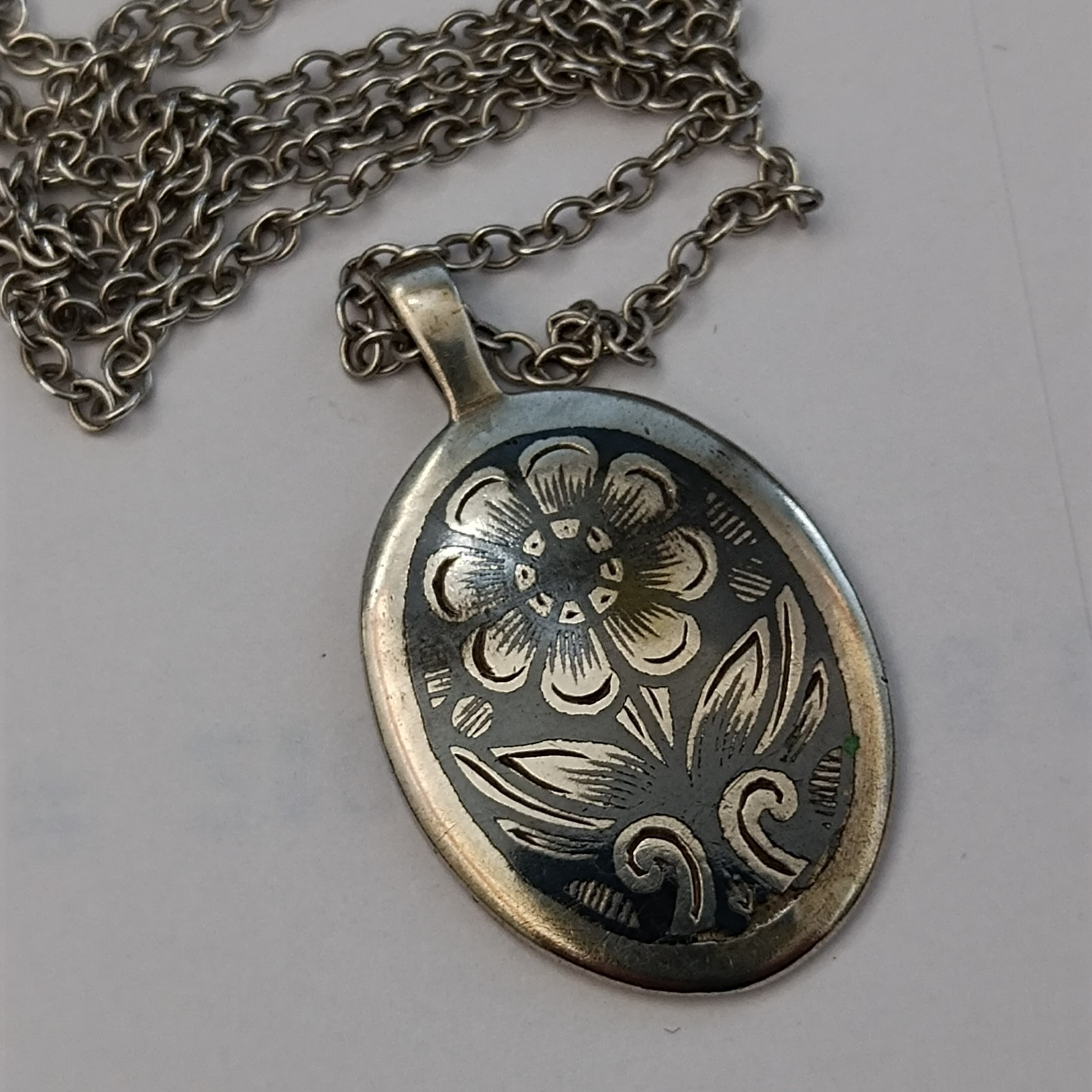 Russian Niello Necklace Silver 875 Floral Oval Traditional Pendant Vintage Long