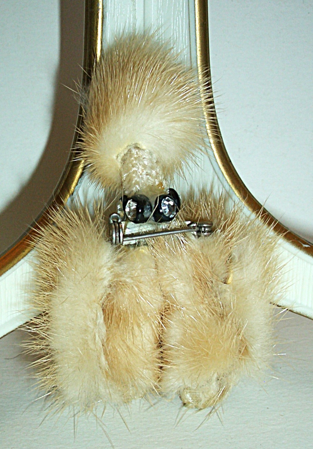 Vtg 1950s Genuine Mink Fur French Poodle Pin Rhinestone/Pearl Crown Collar Beige