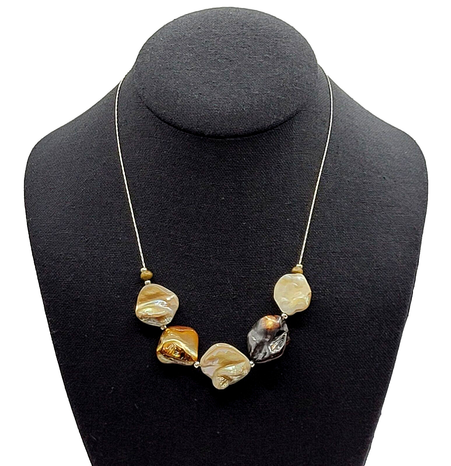Chunky Mother of Pearl Shell Bead Neutral Color Silver Tone Chain Vtg Necklace
