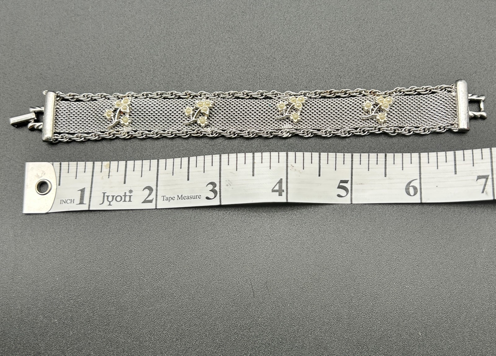 Vintage Goldette NY Mesh Bracelet Slide Cuff Victorian Revival Faux Pearl Silver
