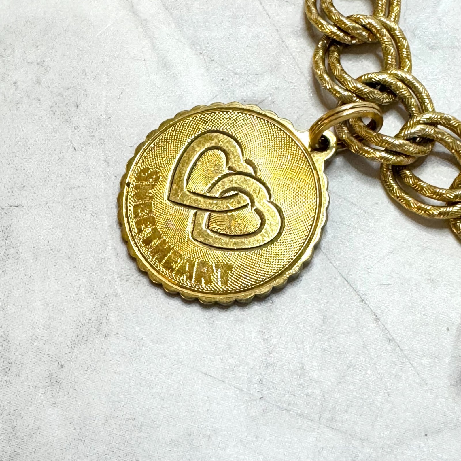 Vintage Monet Charm Bracelet Gold Tone Double Link 6 Charms Globe Kitten Cross