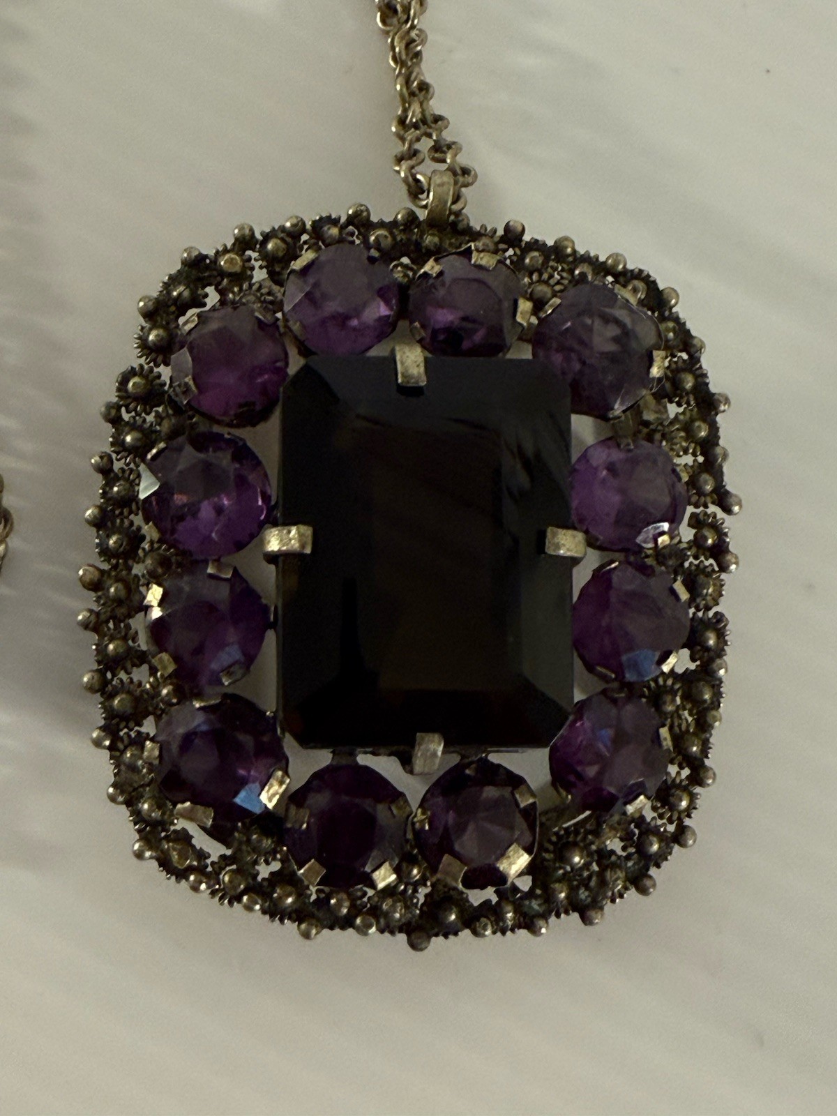 Vintage Thai Amethyst Smoky Quartz Pendant Large Statement Necklace