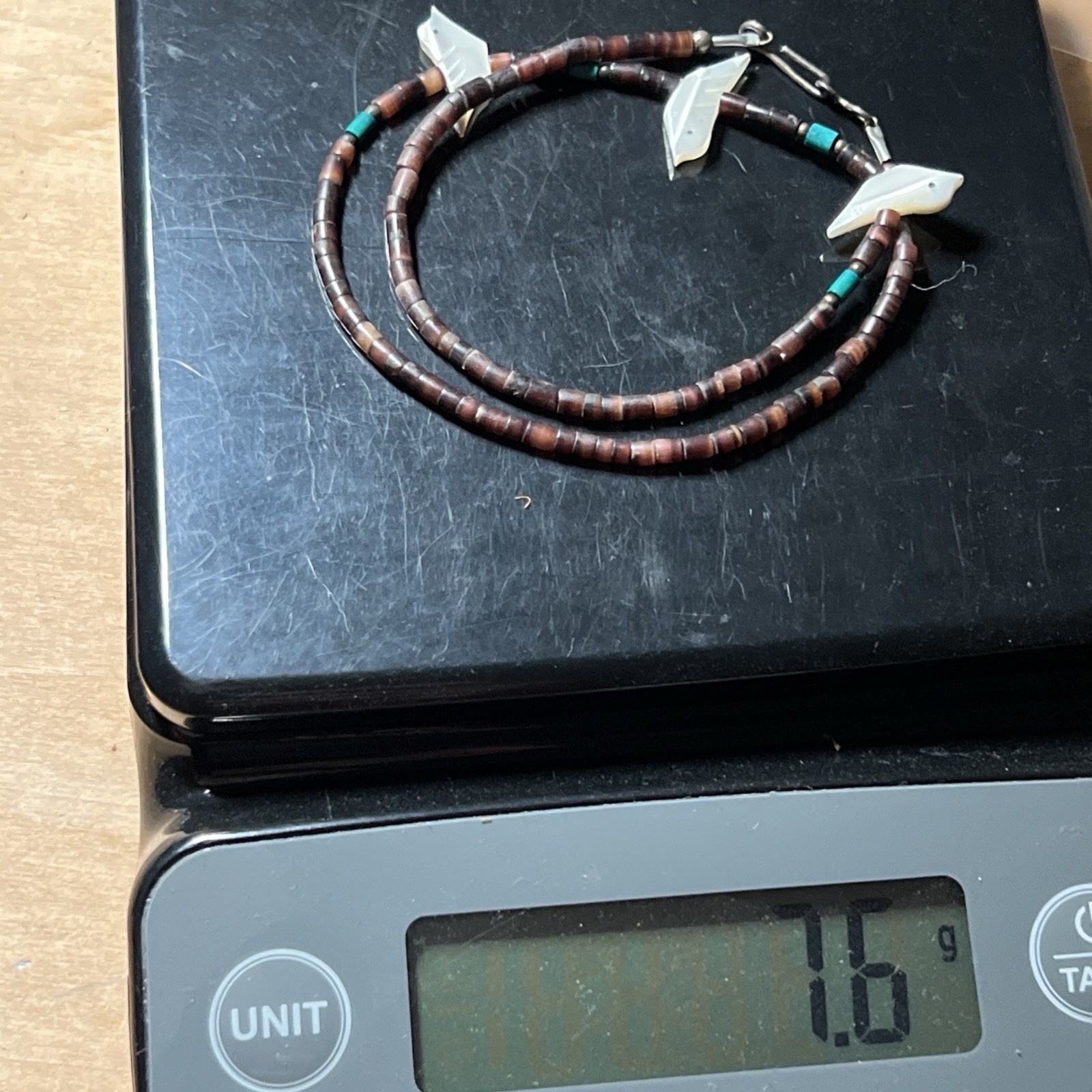 Native American Choker Necklace ~ MOP Bird Fetish Heishi Turquoise ~ 15.5” 7.6g
