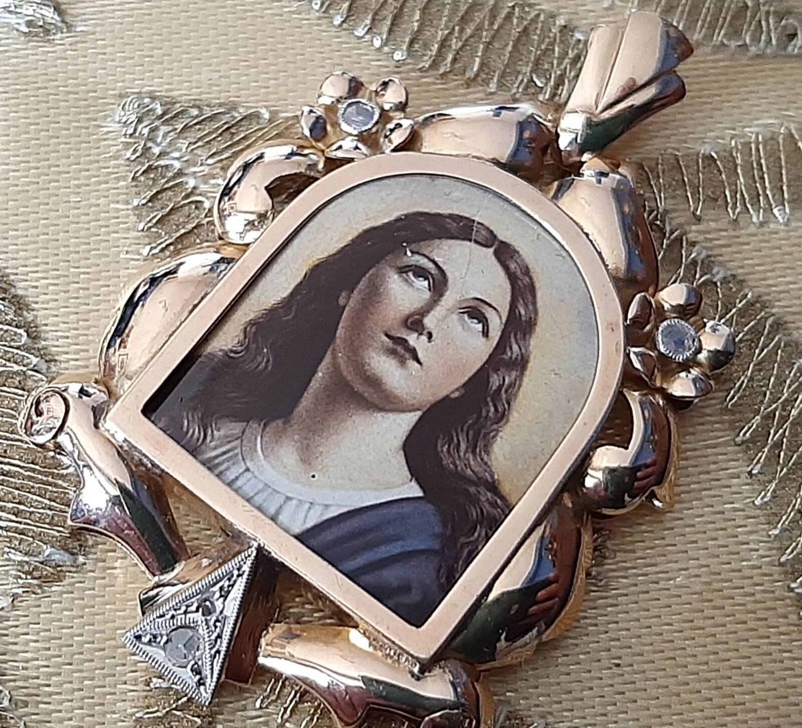 Fine Antique Art Deco 18K 18CT Gold Diamonds Virgen Mary Medal Pendant Ca 1930