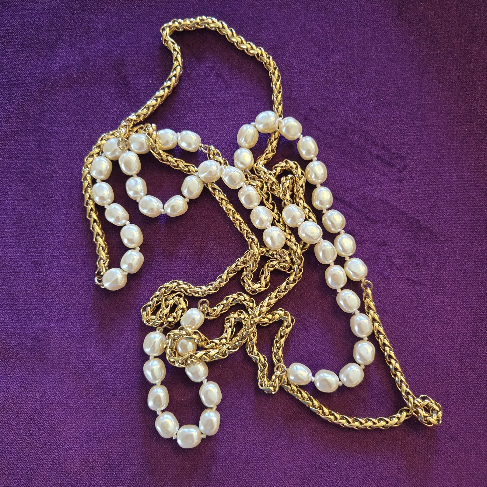 Very Long Endless Pearl and Gold spiga wheat Chain Necklace 80″