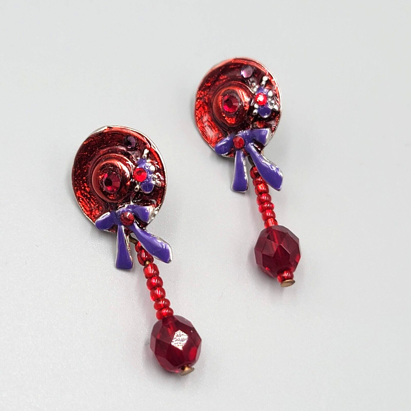 Vintage Red Hat Society Pierced Earrings Enamel Dangle 1.5″