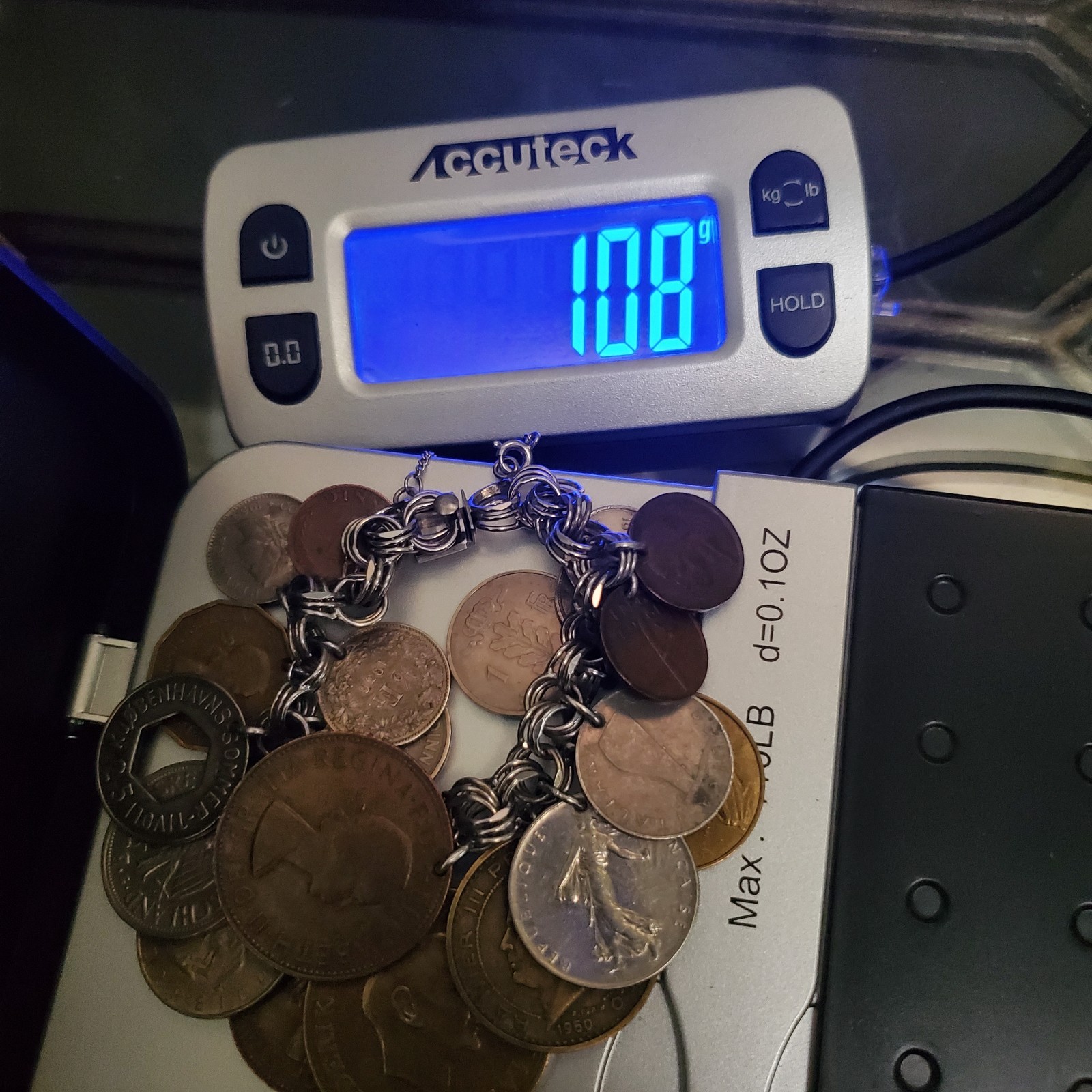 Sterling Silver Bracelet With Real European Coins 1949-1965 total of 20 Vintage