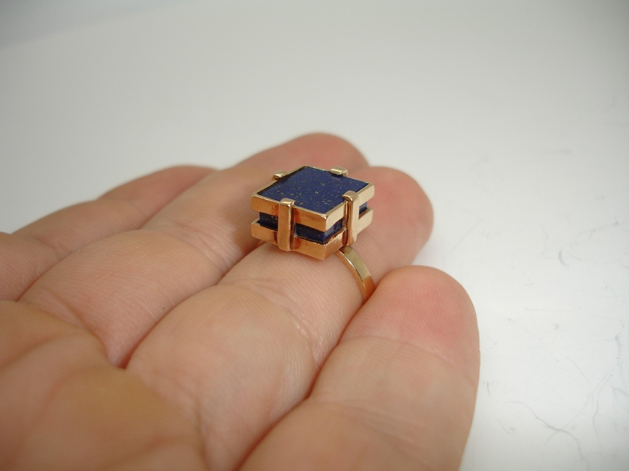 14K Gold Lapis Lazuli Signet Statement Ring Mid Century Deco two-tiered square 7
