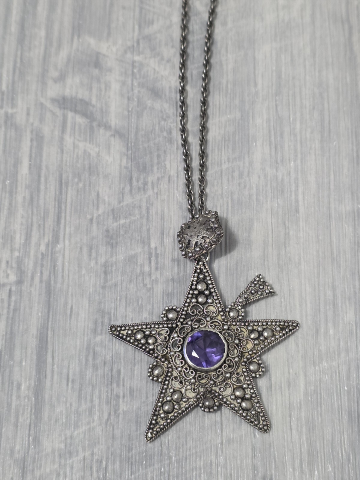 Vintage Jerusalem 980 Silver Star Pendant Necklace Amethyst Stone Antique Rare