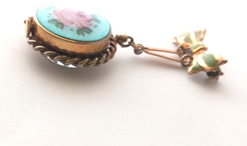 Vtg. CROTON Deco Enamel Guilloche Bow Pin Brooch Manual Swiss Watch