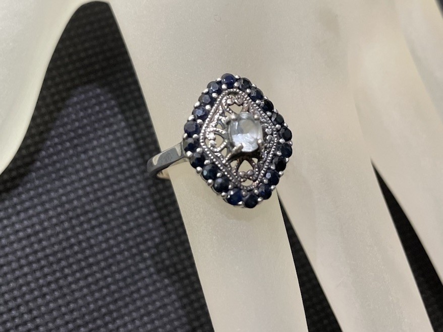 Vintage Sterling Aquamarine And Blue Sapphire Ring Diamond Shape Size 7