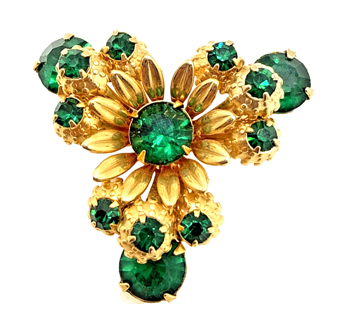 Vintage Emerald Green Rhinestone Flower Brooch Gold Tone Layered Floral MCM Pin
