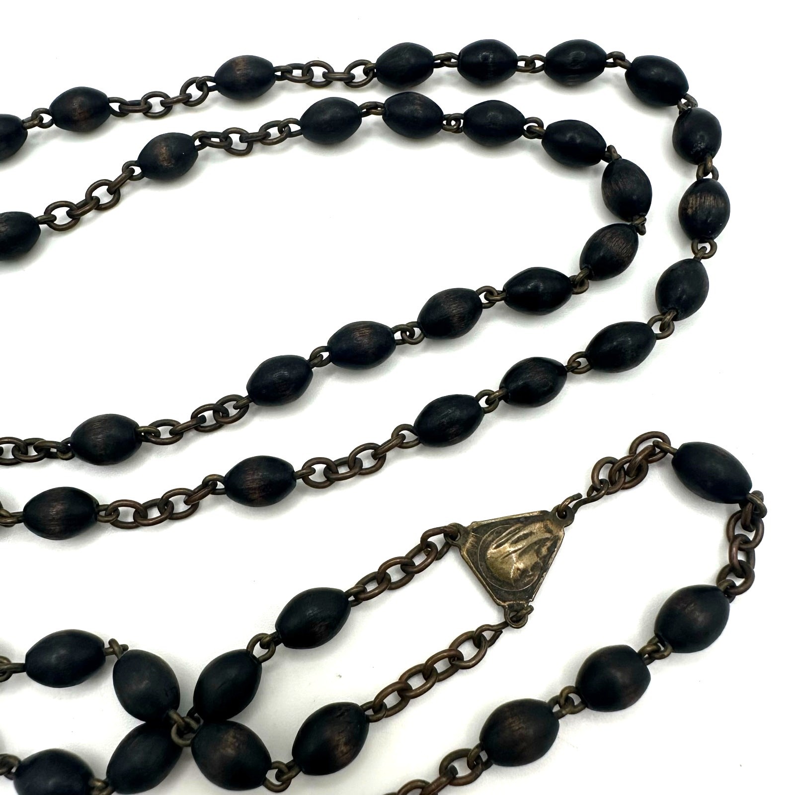 Antique Catholic brass black ebony beads beaded rosary prayer necklace