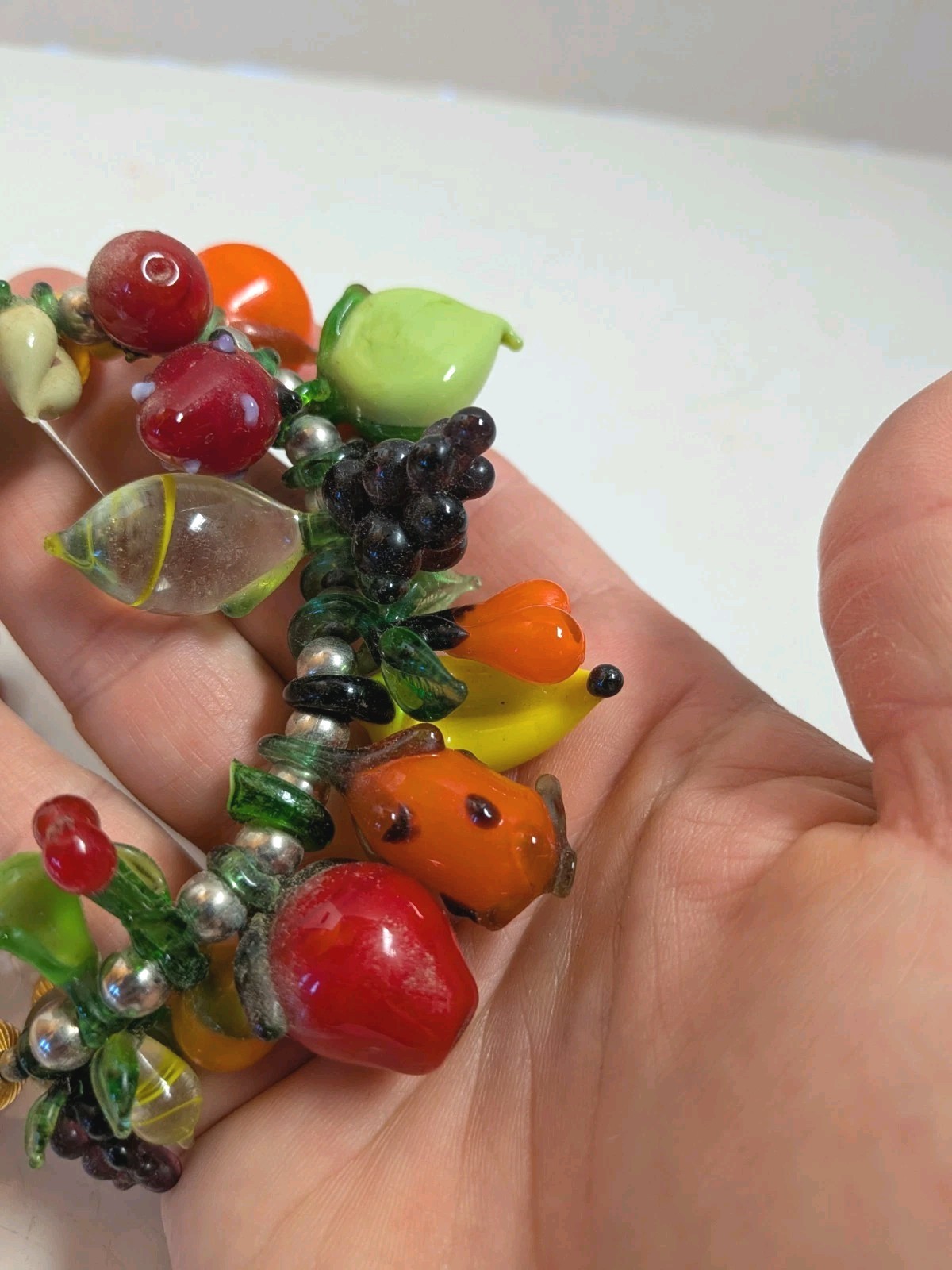Vtg Fruit Salad Art Glass Fruit Dangle Charm Style Necklace Bananas Apple Grapes