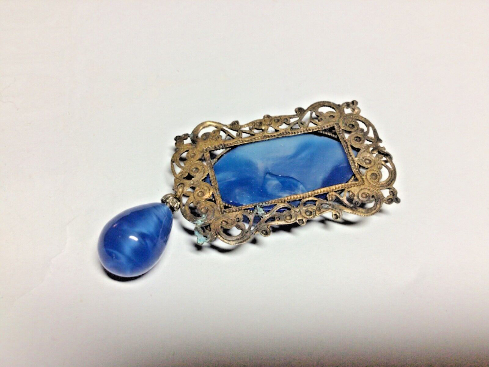 Antique Jewelry, Blue Dragon Agate Stone Set in Metal Scroll
